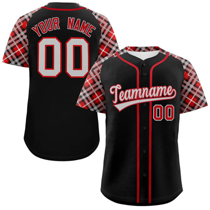 Custom Black Gray-Red Personalized Raglan Sleeves Authentic Baseball Jersey