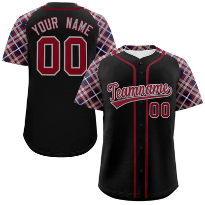 Custom Black Crimson-Dark Gray Personalized Raglan Sleeves Authentic Baseball Jersey