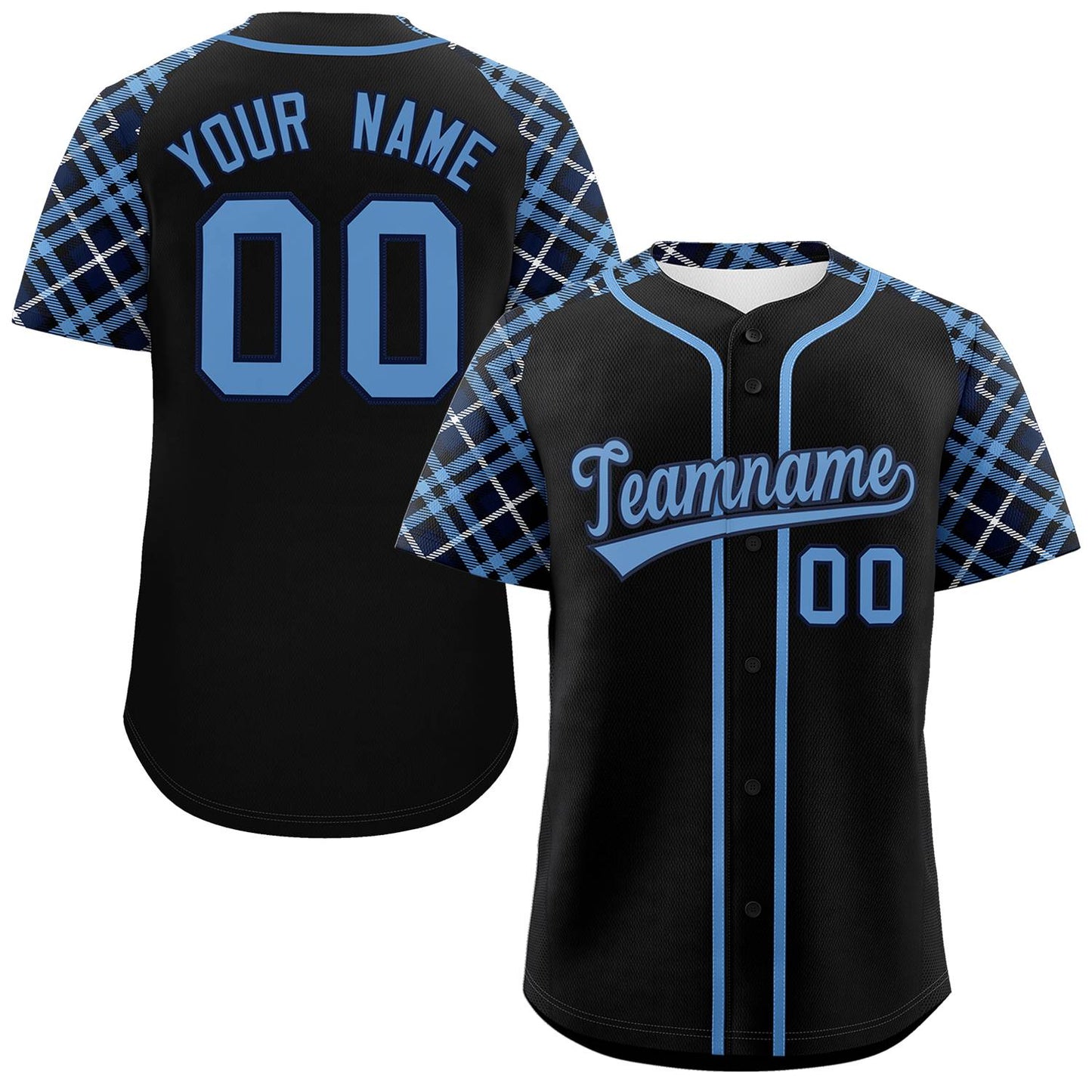 Custom Black Light Blue-Navy Personalized Raglan Sleeves Authentic Baseball Jersey