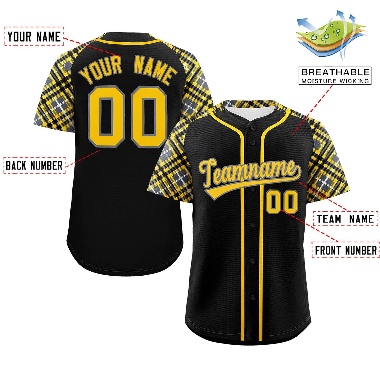 Custom Black Gold-Gray Personalized Raglan Sleeves Authentic Baseball Jersey