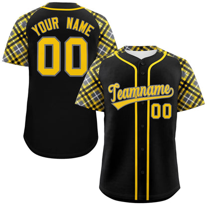 Custom Black Gold-Gray Personalized Raglan Sleeves Authentic Baseball Jersey