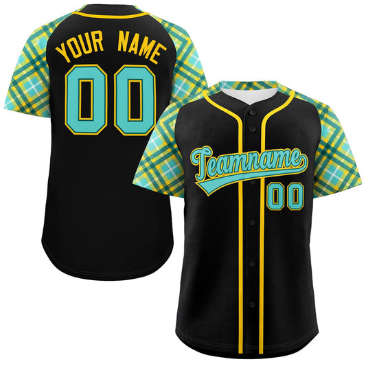 Custom Black Bright Green-Gold Personalized Raglan Sleeves Authentic Baseball Jersey