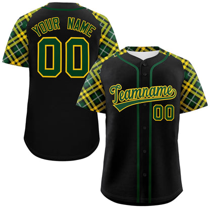 Custom Black Green-Gold Personalized Raglan Sleeves Authentic Baseball Jersey