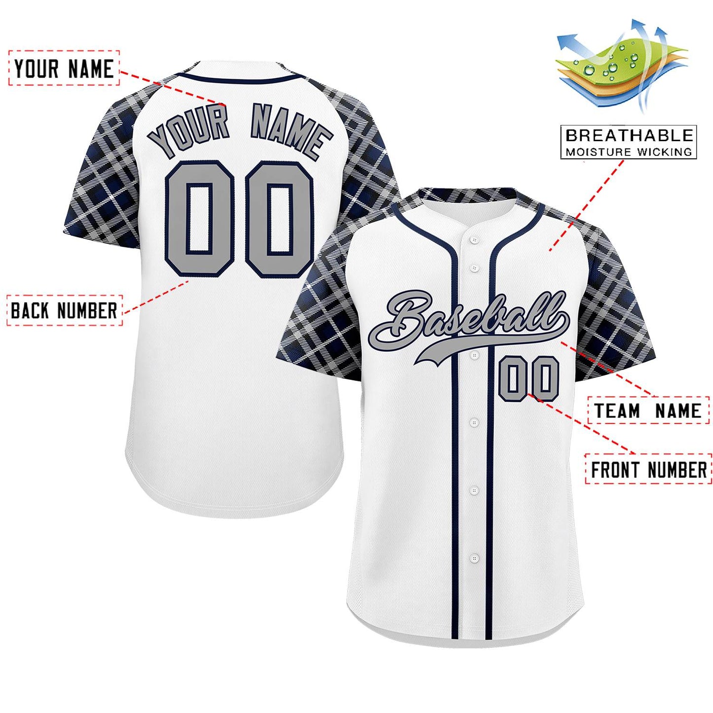 Custom White Gray-Navy Personalized Raglan Sleeves Authentic Baseball Jersey