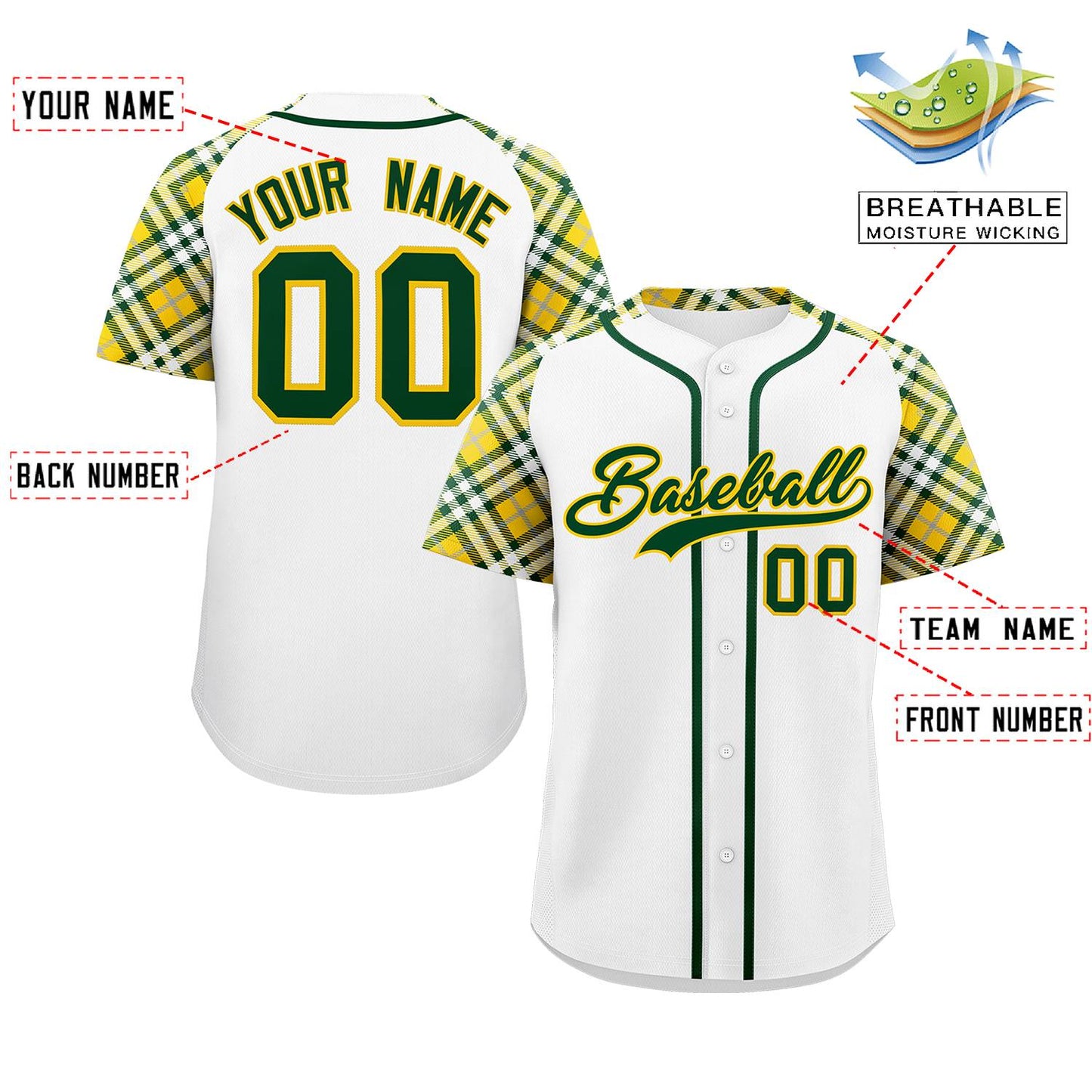 Custom White Green-Gold Personalized Raglan Sleeves Authentic Baseball Jersey