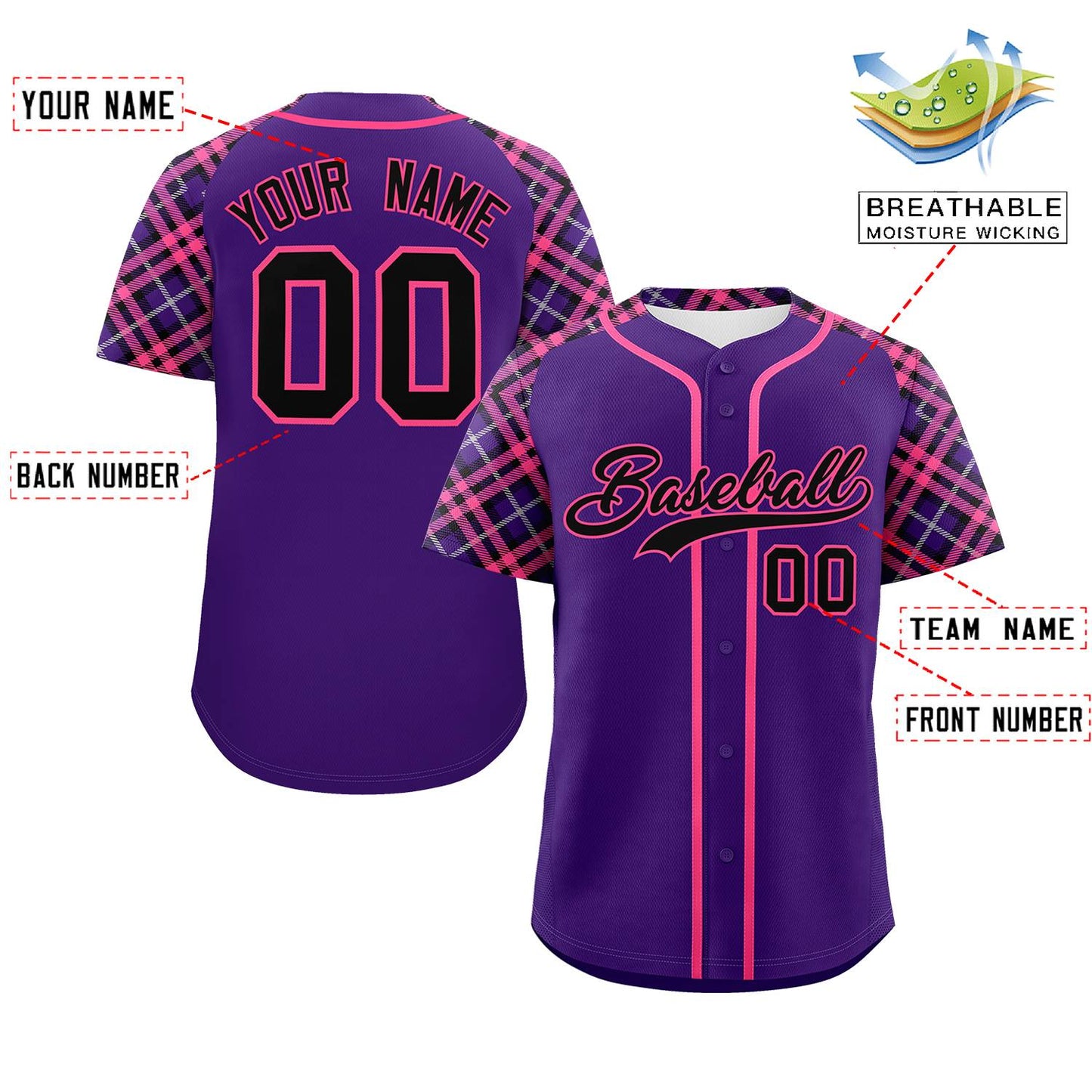 Custom Purple Black-Pink Personalized Raglan Sleeves Authentic Baseball Jersey