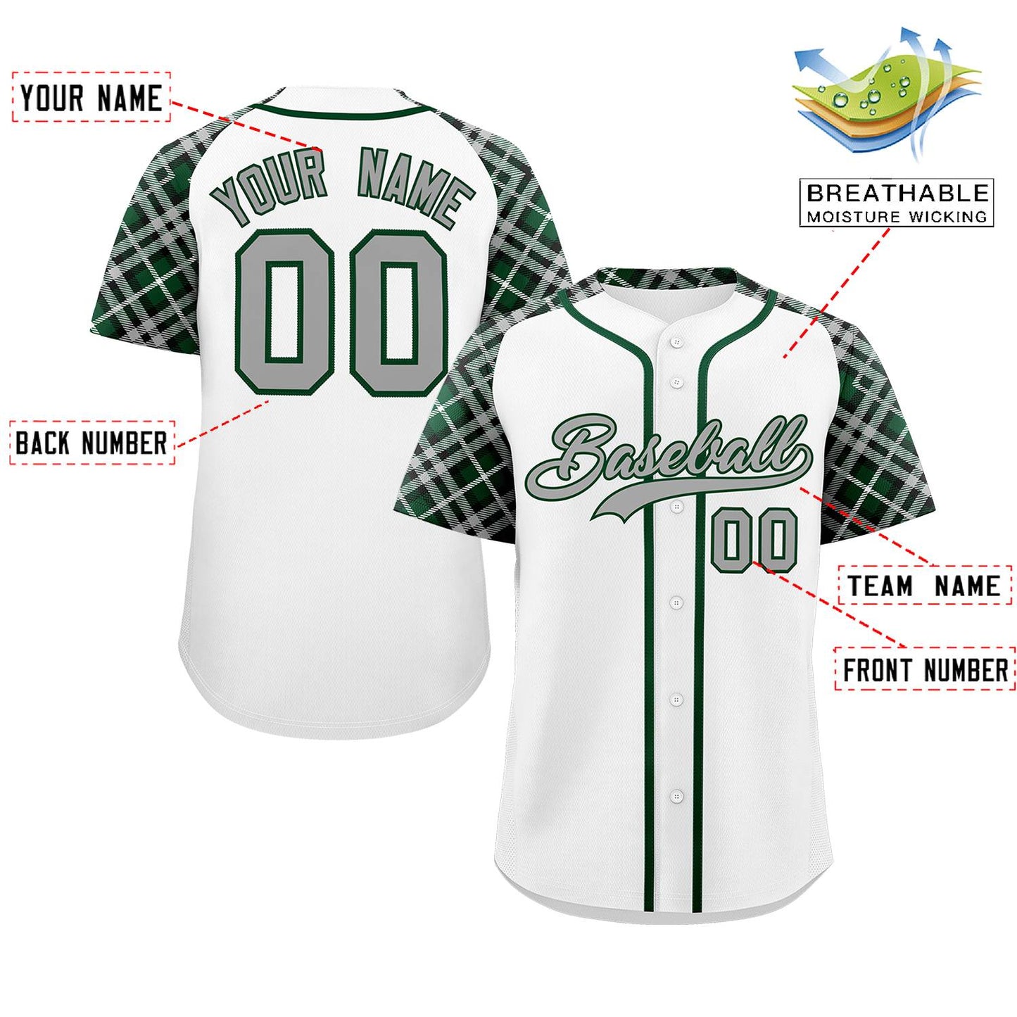 Custom White Gray-Green Personalized Raglan Sleeves Authentic Baseball Jersey