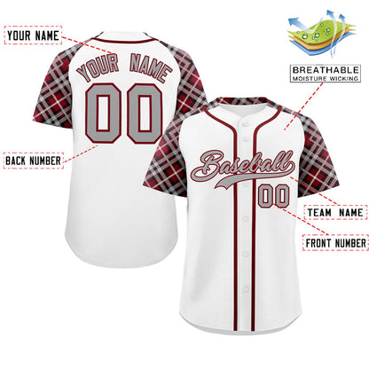 Custom White Gray-Crimson Personalized Raglan Sleeves Authentic Baseball Jersey