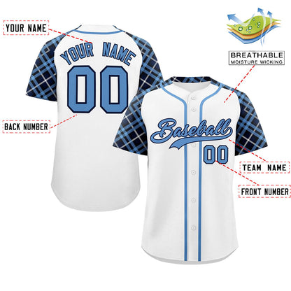 Custom White Light Blue-Navy Personalized Raglan Sleeves Authentic Baseball Jersey