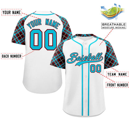 Custom White Sky Blue-Crimson Personalized Raglan Sleeves Authentic Baseball Jersey