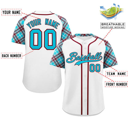 Custom White Sky Blue-Crimson Personalized Raglan Sleeves Authentic Baseball Jersey