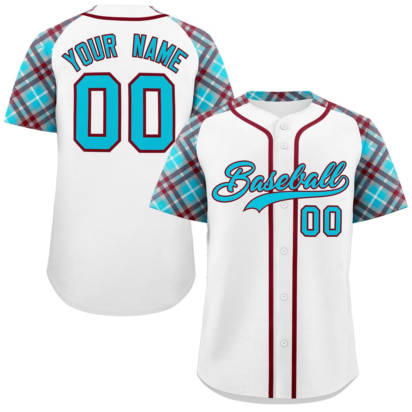 Custom White Sky Blue-Crimson Personalized Raglan Sleeves Authentic Baseball Jersey