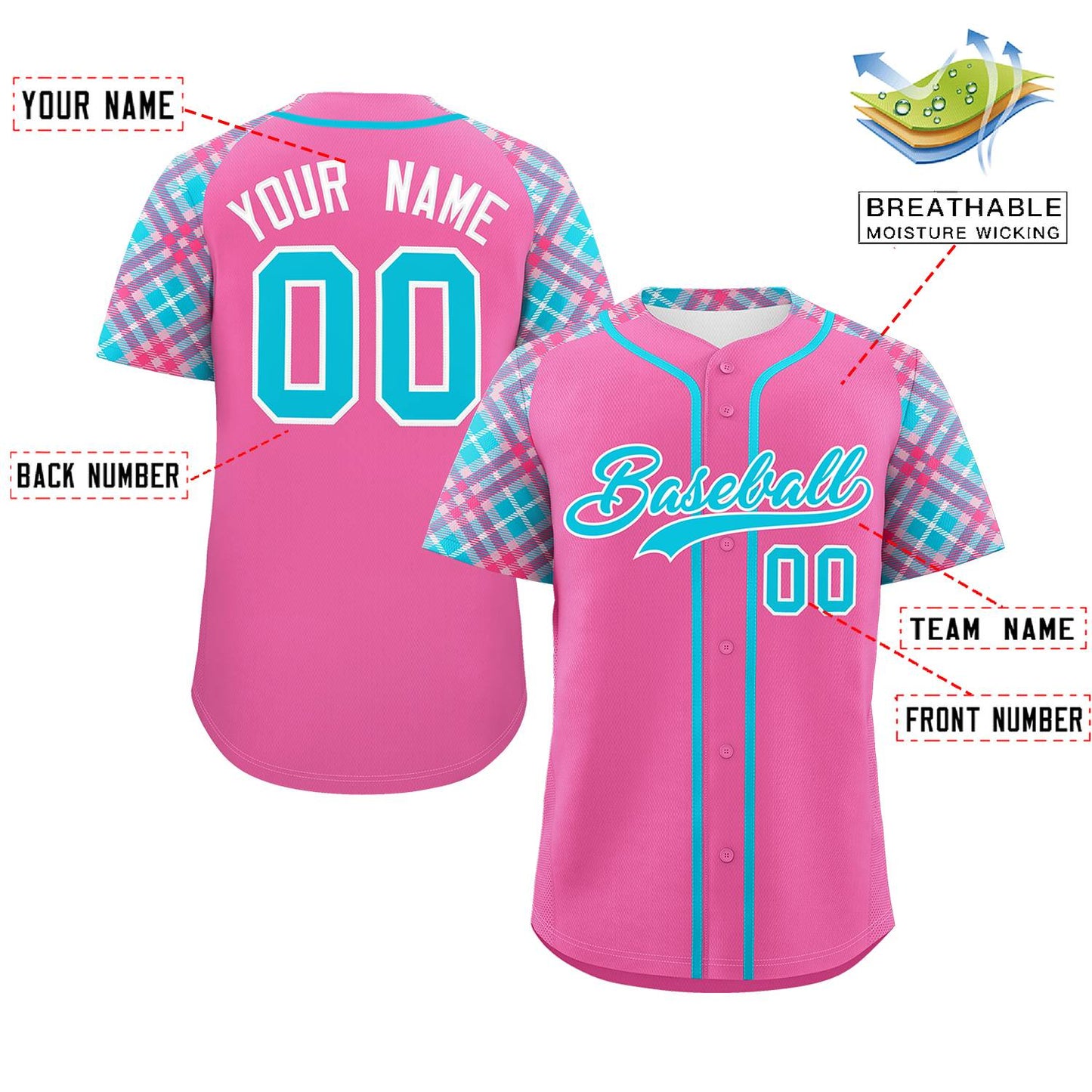 Custom Pink Sky Blue-White Personalized Raglan Sleeves Authentic Baseball Jersey