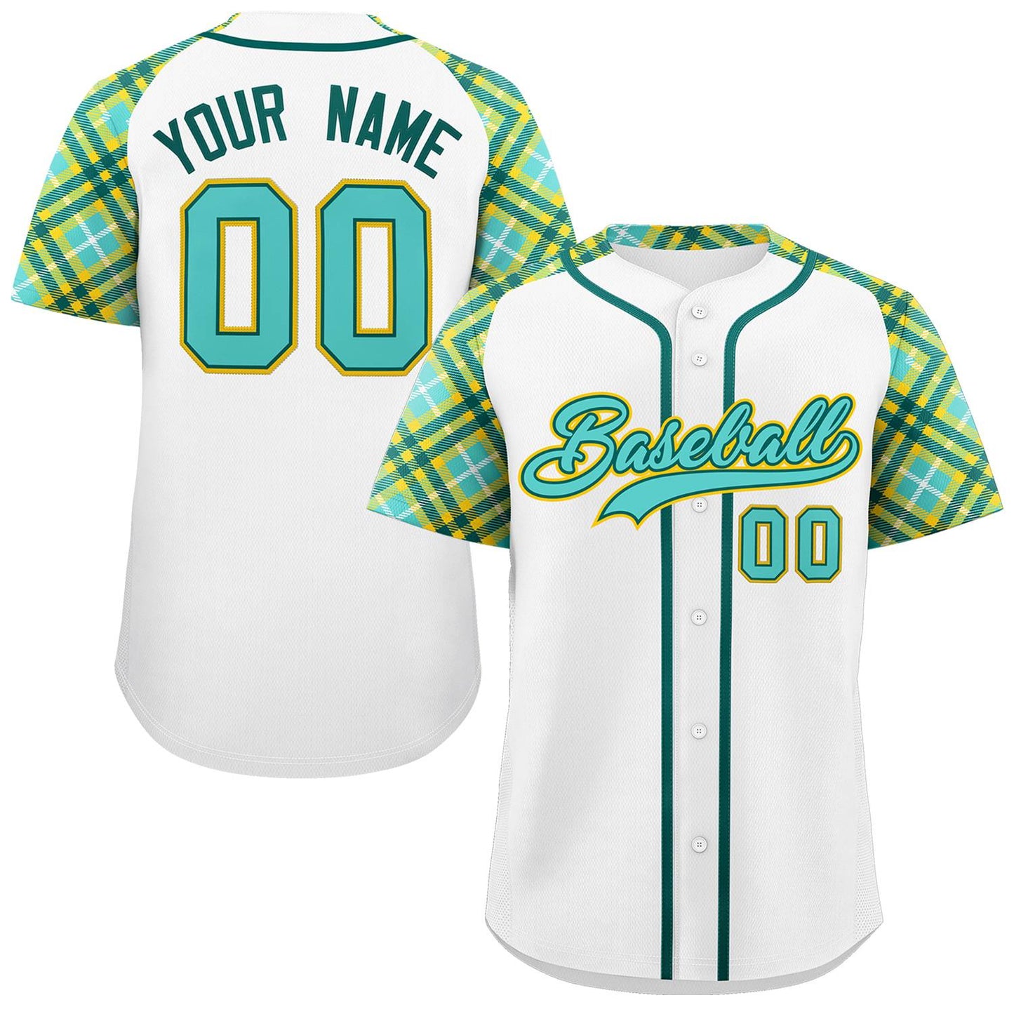 Custom White Bright Green-Gold Personalized Raglan Sleeves Authentic Baseball Jersey