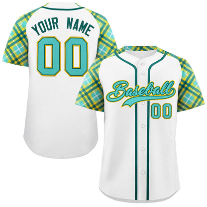 Custom White Bright Green-Gold Personalized Raglan Sleeves Authentic Baseball Jersey