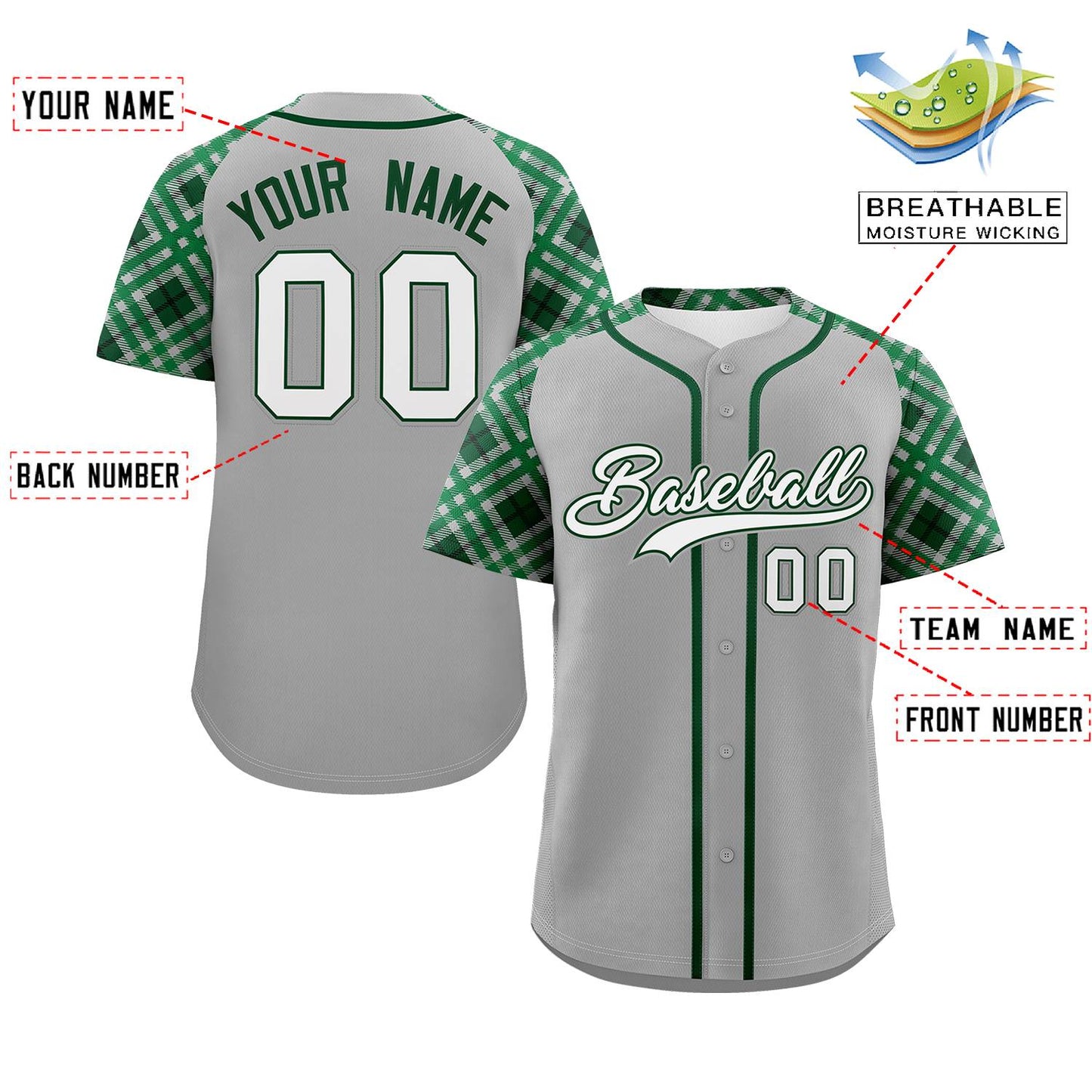 Custom Gray White-Kelly Green Personalized Raglan Sleeves Authentic Baseball Jersey