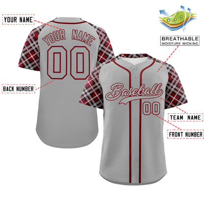 Custom Gray Gray-Crimson Personalized Raglan Sleeves Authentic Baseball Jersey