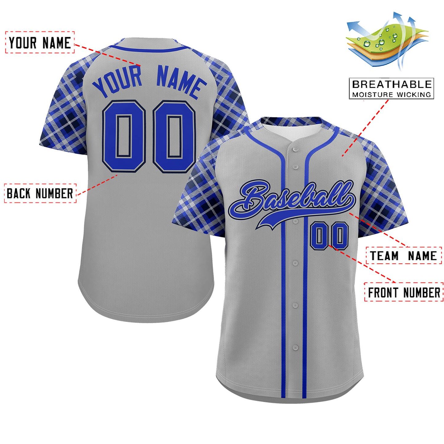 Custom Gray Royal-Navy Personalized Raglan Sleeves Authentic Baseball Jersey