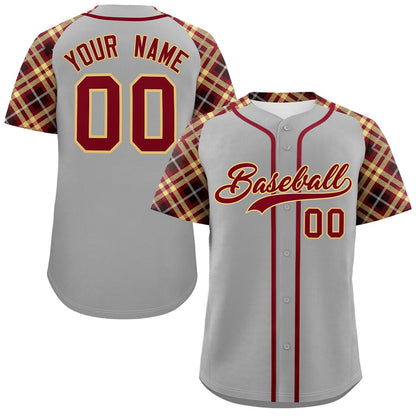 Custom Gray Red-Khaki Personalized Raglan Sleeves Authentic Baseball Jersey