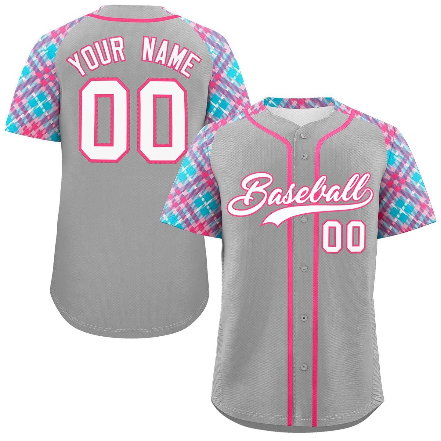 Custom Gray White-Pink Personalized Raglan Sleeves Authentic Baseball Jersey