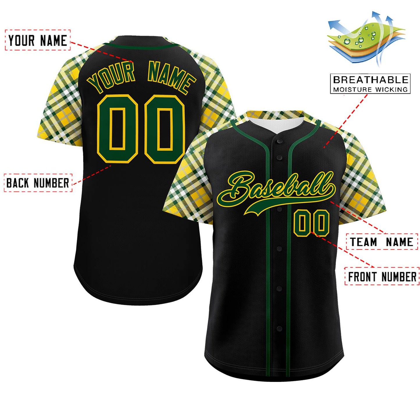 Custom Black Green-Gold Personalized Raglan Sleeves Authentic Baseball Jersey