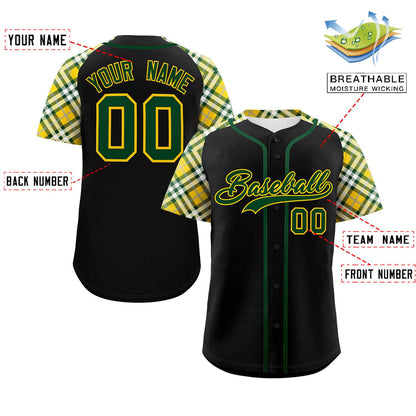 Custom Black Green-Gold Personalized Raglan Sleeves Authentic Baseball Jersey