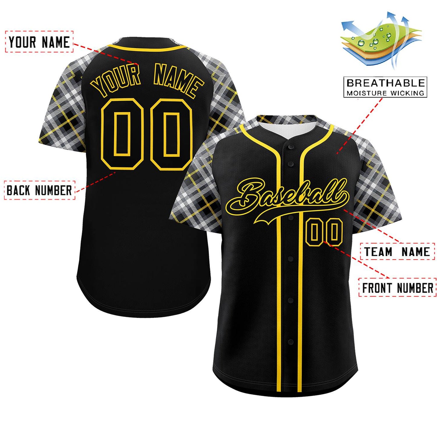 Custom Black Black-Gold Personalized Raglan Sleeves Authentic Baseball Jersey