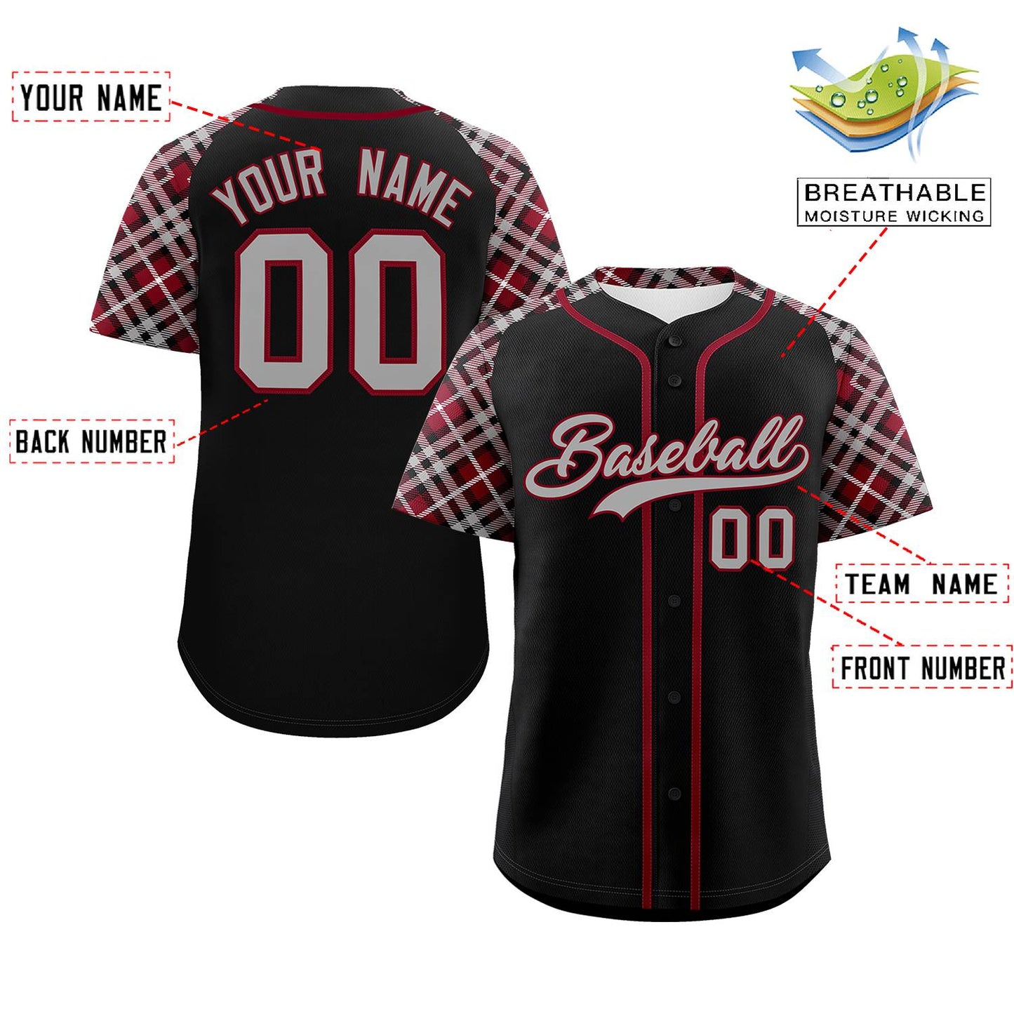 Custom Black Navy-Crimson Personalized Raglan Sleeves Authentic Baseball Jersey