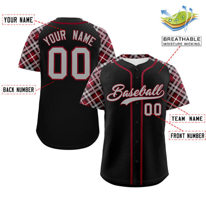 Custom Black Navy-Crimson Personalized Raglan Sleeves Authentic Baseball Jersey