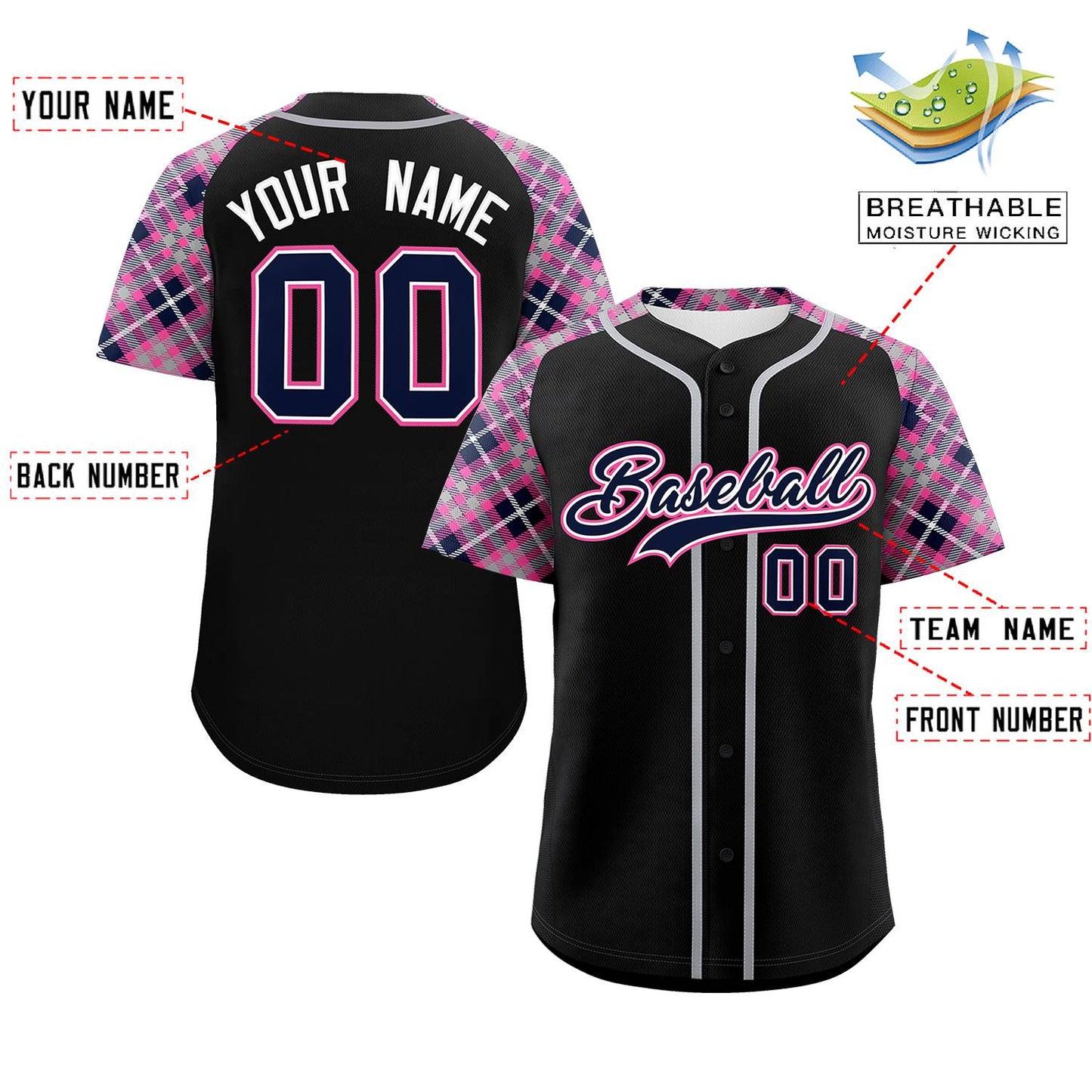 Custom Black Navy-Pink Personalized Raglan Sleeves Authentic Baseball Jersey