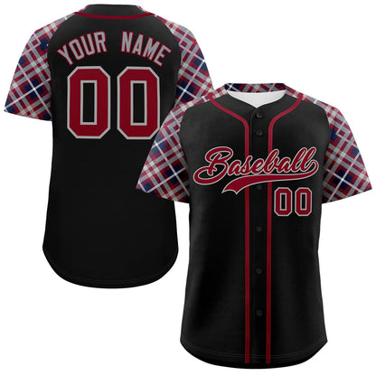 Custom Black Crimson-Dark Gray Personalized Raglan Sleeves Authentic Baseball Jersey