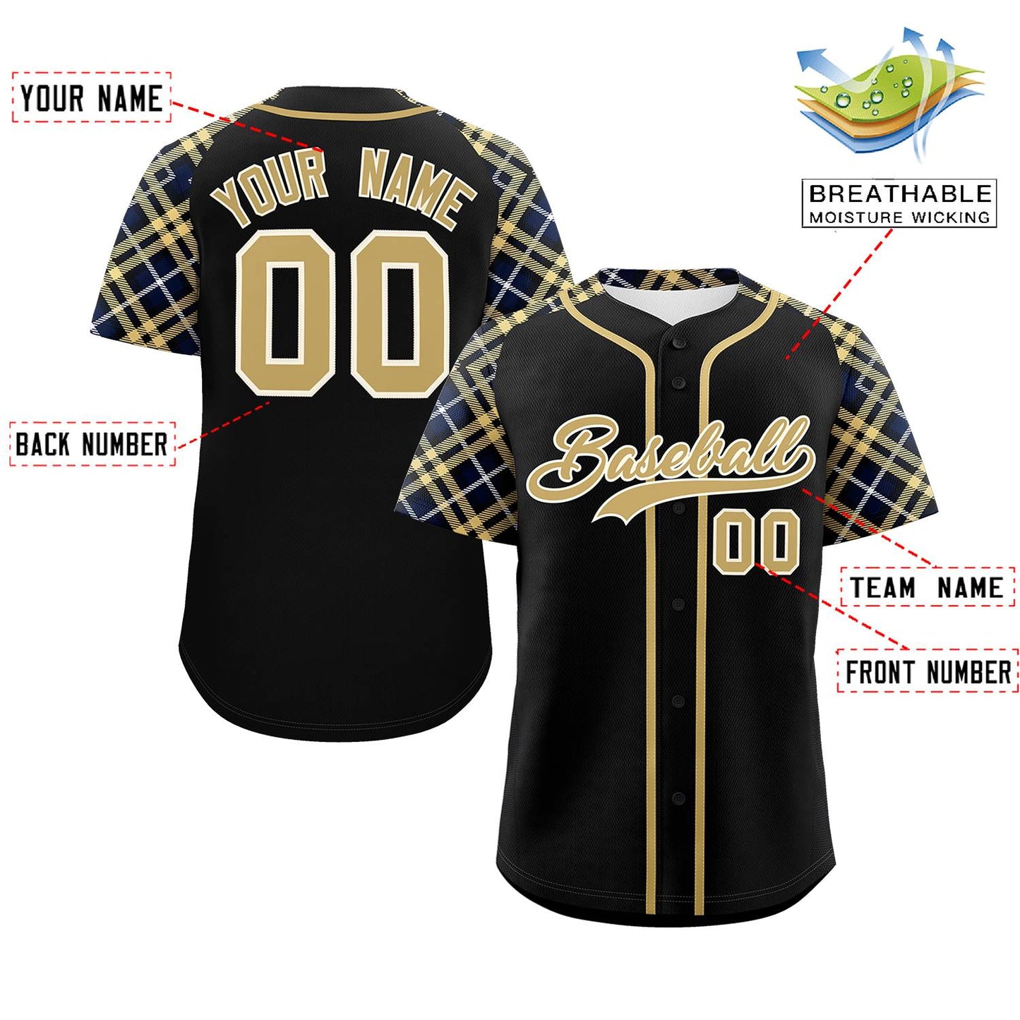 Custom Black Khaki-Cream Personalized Raglan Sleeves Authentic Baseball Jersey