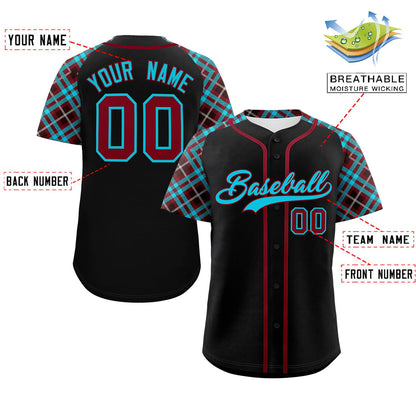 Custom Black Sky Blue-Crimson Personalized Raglan Sleeves Authentic Baseball Jersey