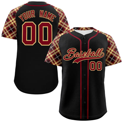 Custom Black Crimson-Old Gold Personalized Raglan Sleeves Authentic Baseball Jersey