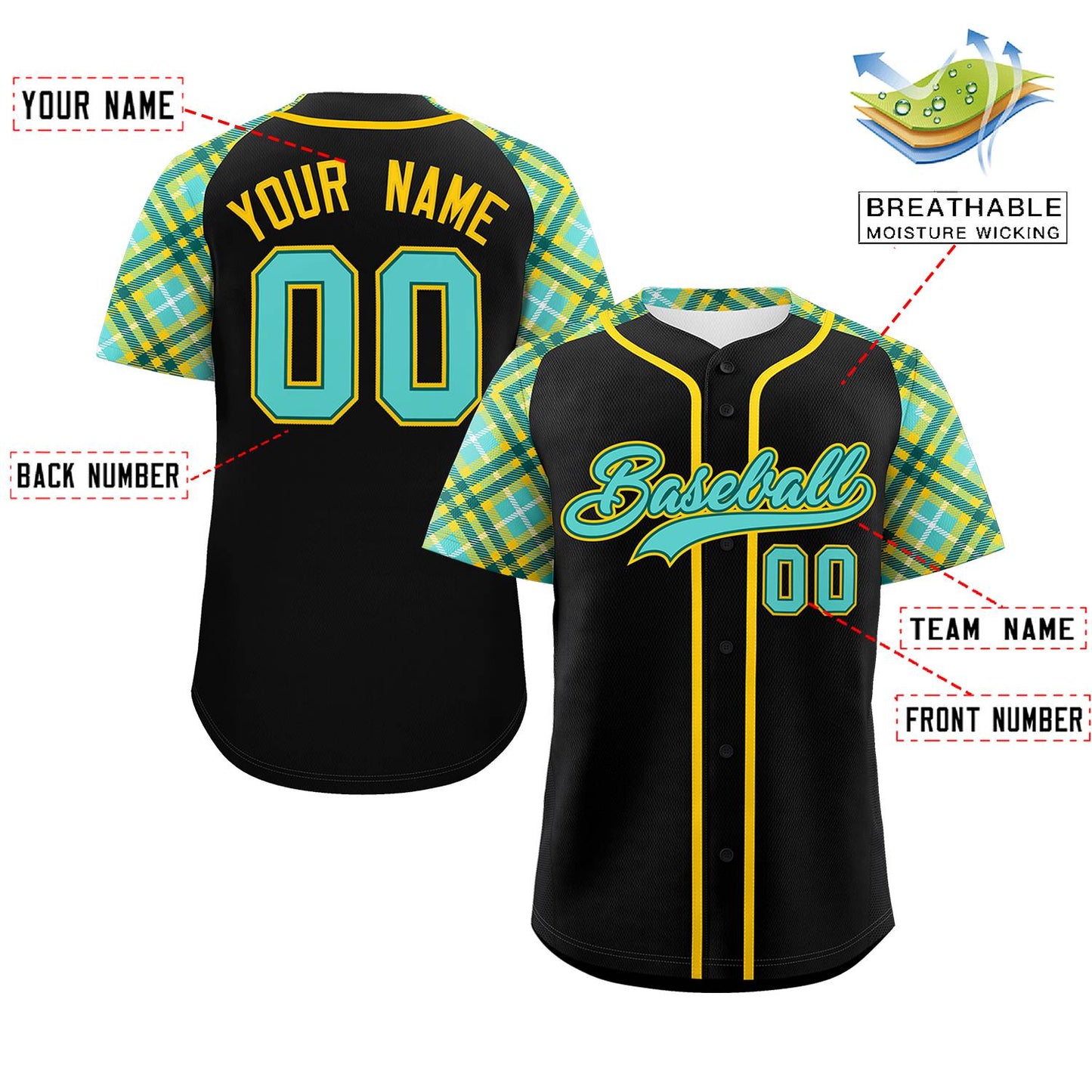 Custom Black Bright Green-Gold Personalized Raglan Sleeves Authentic Baseball Jersey