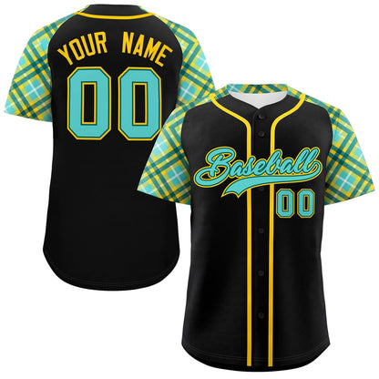 Custom Black Bright Green-Gold Personalized Raglan Sleeves Authentic Baseball Jersey