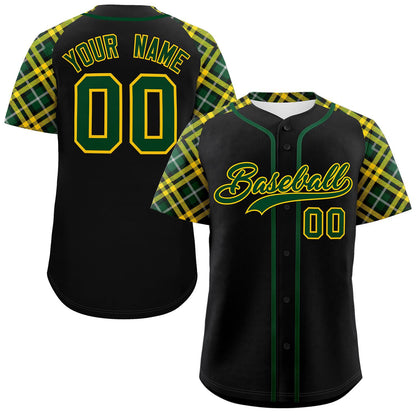 Custom Black Green-Gold Personalized Raglan Sleeves Authentic Baseball Jersey