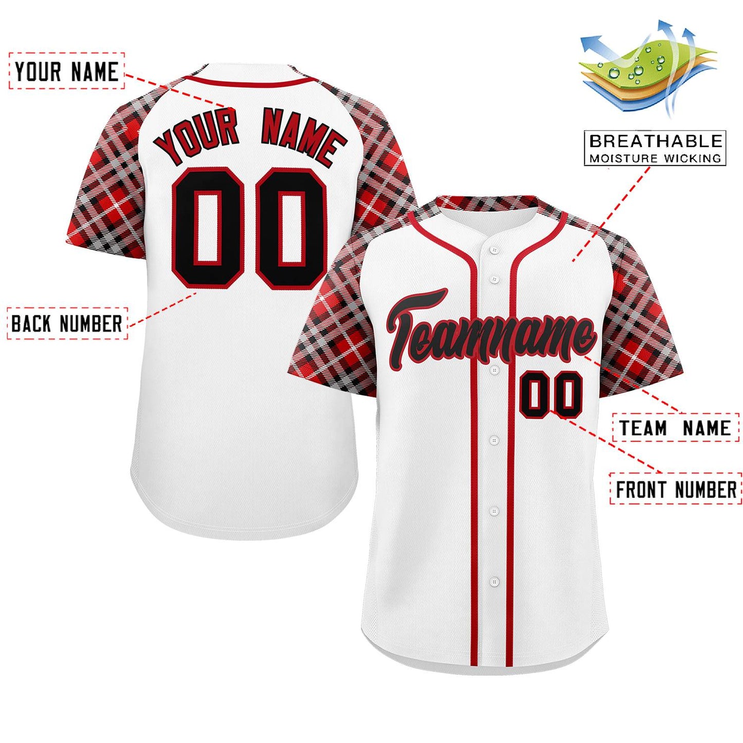 Custom White Black-Red Personalized Raglan Sleeves Authentic Baseball Jersey