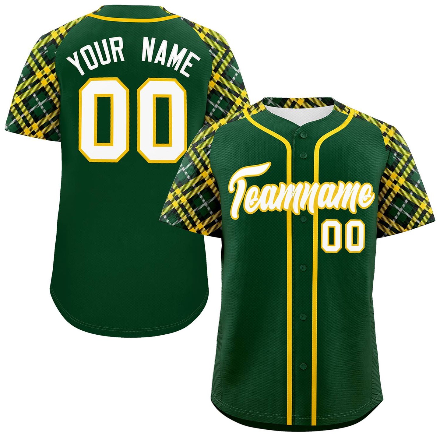 Custom Green White-Gold Personalized Raglan Sleeves Authentic Baseball Jersey