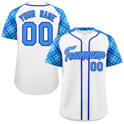 Custom White Powder Blue-Royal Personalized Raglan Sleeves Authentic Baseball Jersey