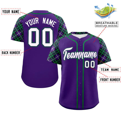 Custom Purple White-Kelly Green Personalized Raglan Sleeves Authentic Baseball Jersey