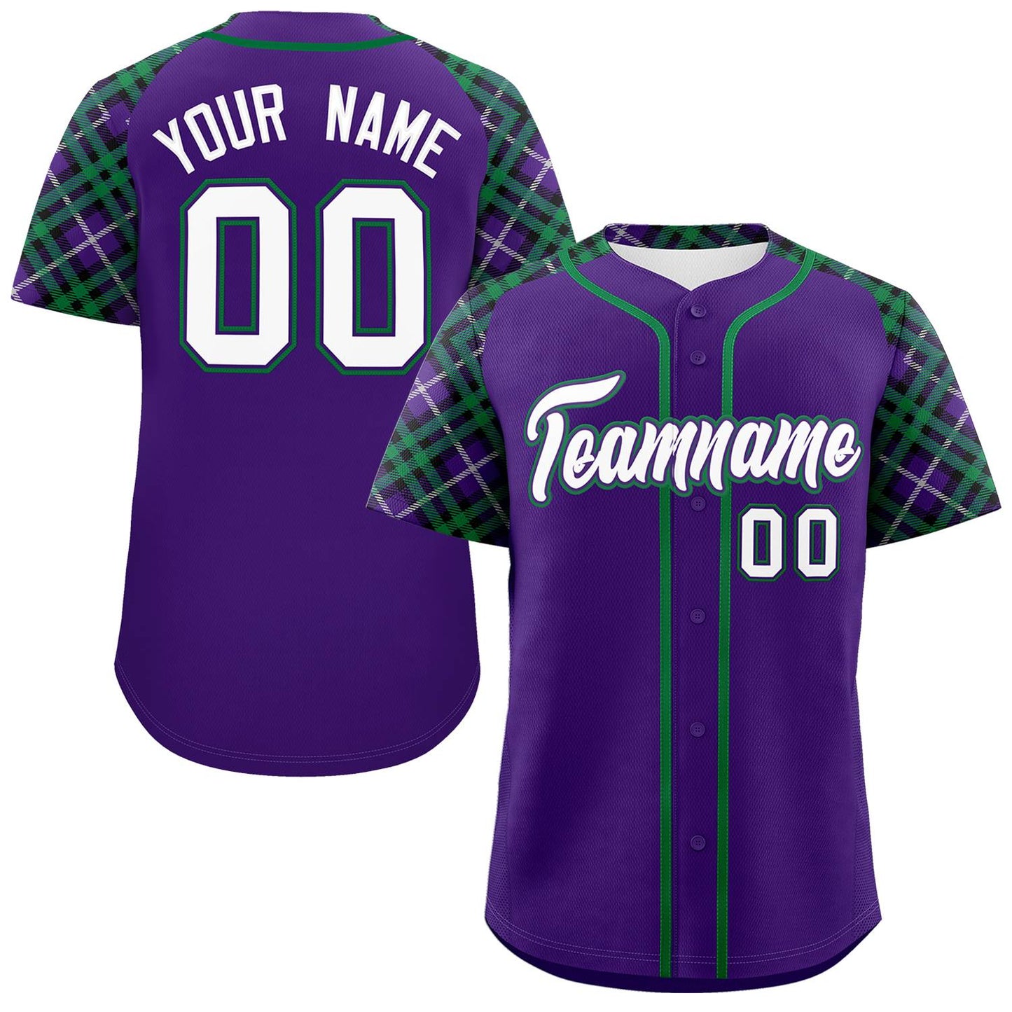 Custom Purple White-Kelly Green Personalized Raglan Sleeves Authentic Baseball Jersey