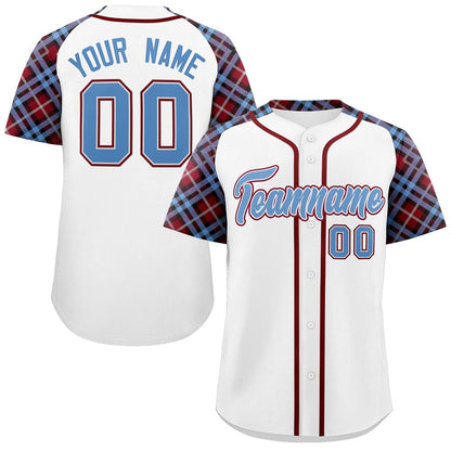 Custom White Light Blue-Crimson Personalized Raglan Sleeves Authentic Baseball Jersey