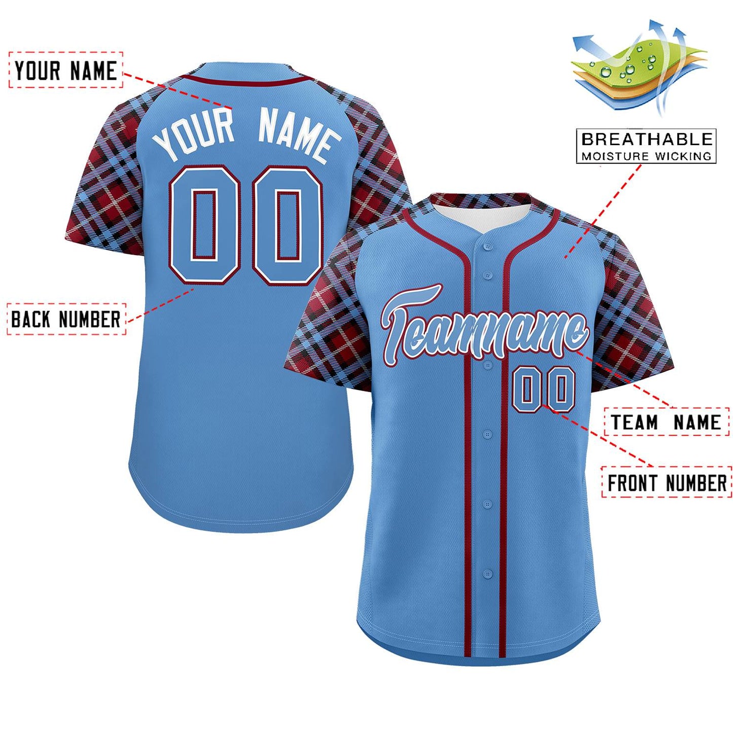 Custom Light Blue-Crimson Personalized Raglan Sleeves Authentic Baseball Jersey