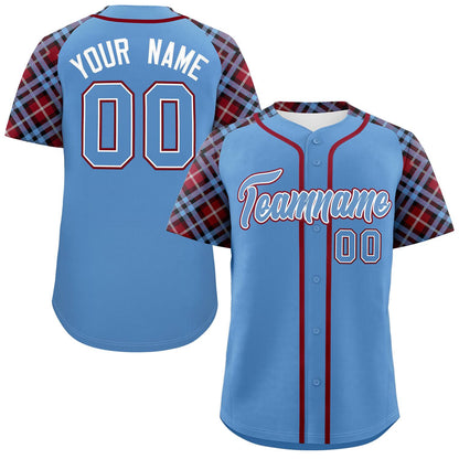 Custom Light Blue-Crimson Personalized Raglan Sleeves Authentic Baseball Jersey