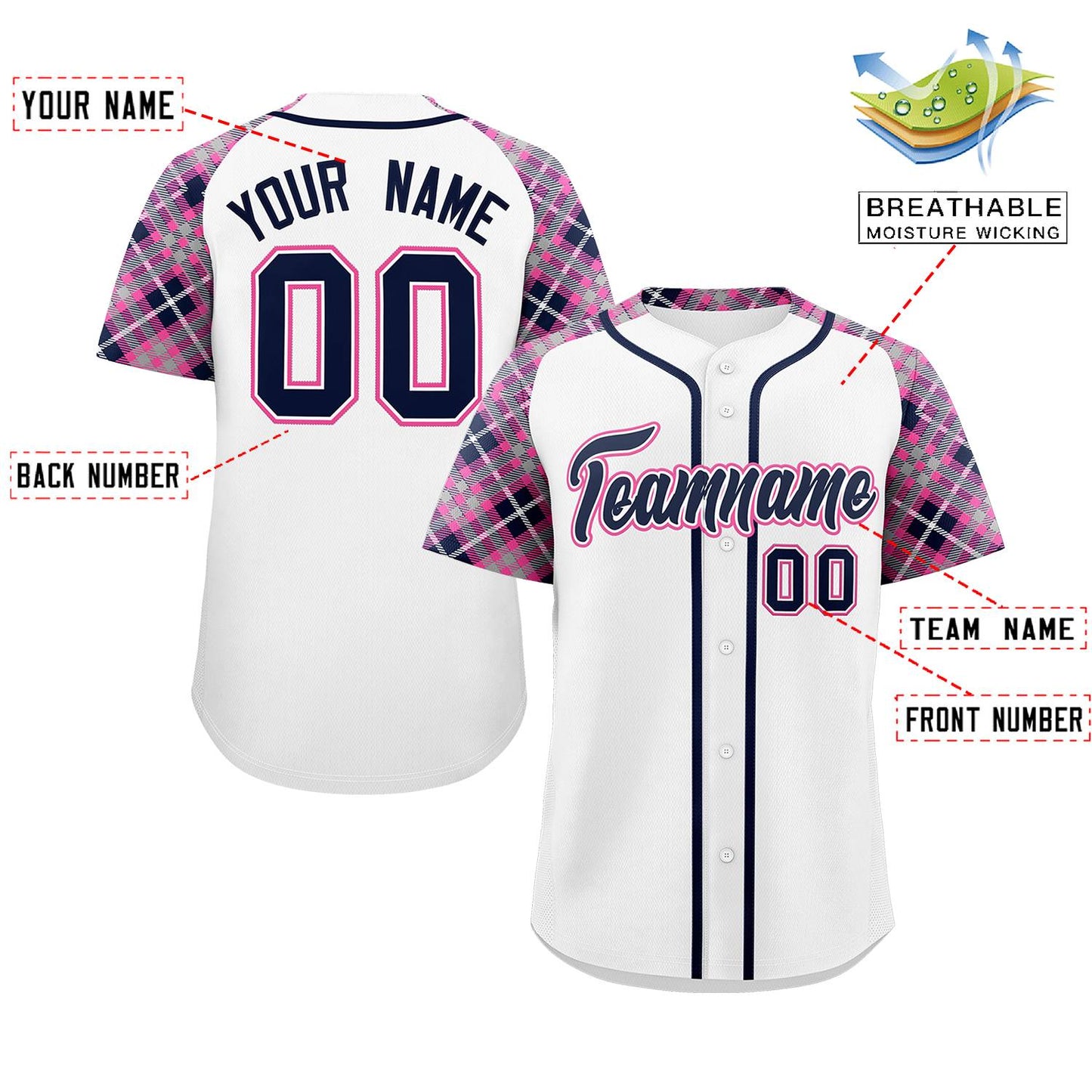 Custom White Navy-Pink Personalized Raglan Sleeves Authentic Baseball Jersey