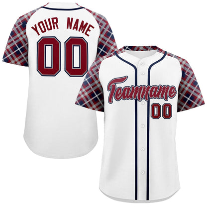 Custom White Crimson-Navy Personalized Raglan Sleeves Authentic Baseball Jersey