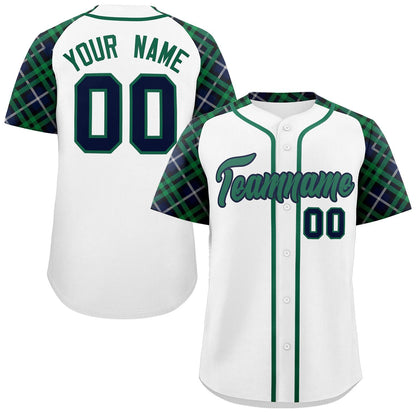 Custom White Kelly Green-Navy Personalized Raglan Sleeves Authentic Baseball Jersey