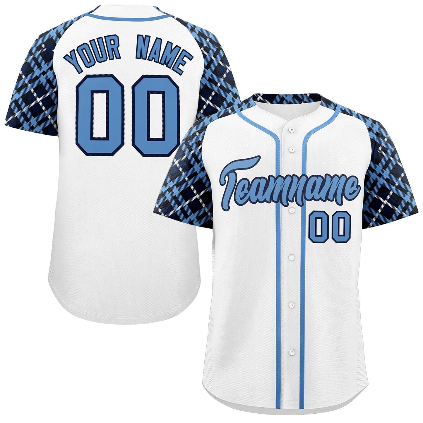 Custom White Light Blue-Navy Personalized Raglan Sleeves Authentic Baseball Jersey