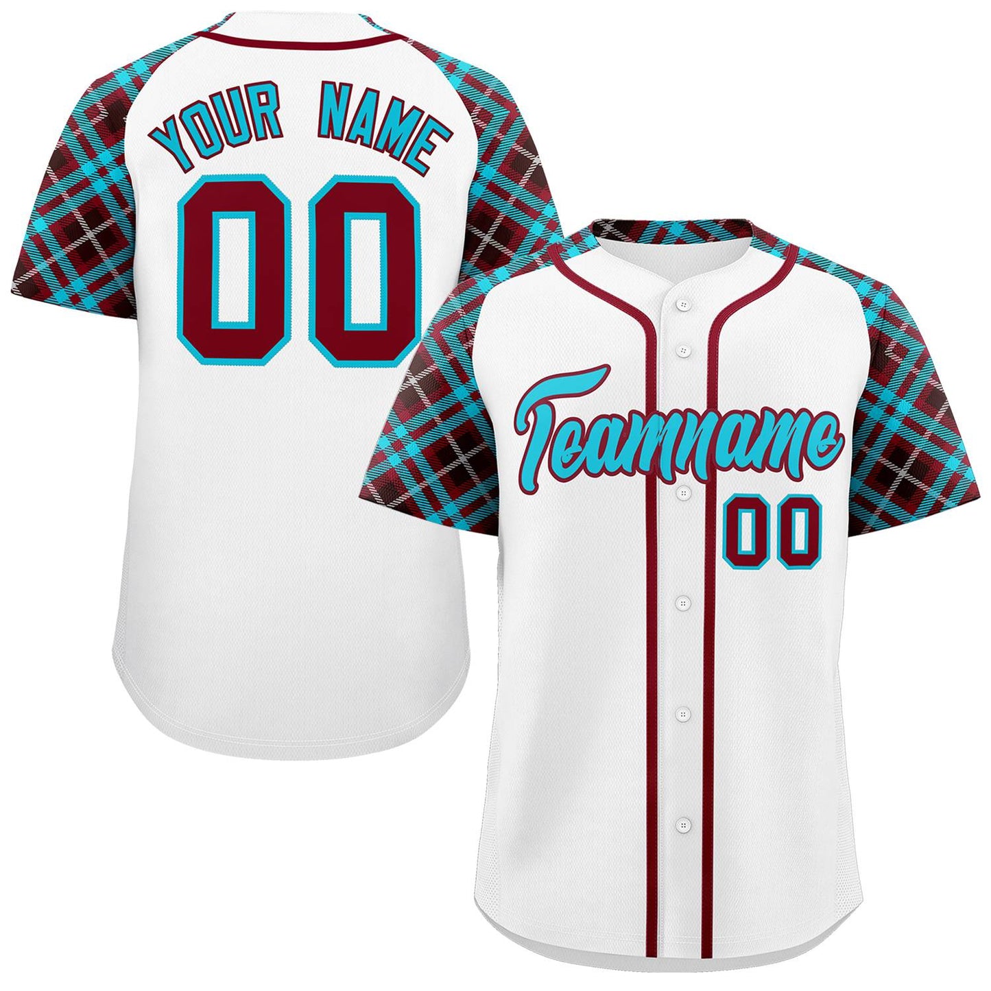 Custom White Sky Blue-Crimson Personalized Raglan Sleeves Authentic Baseball Jersey